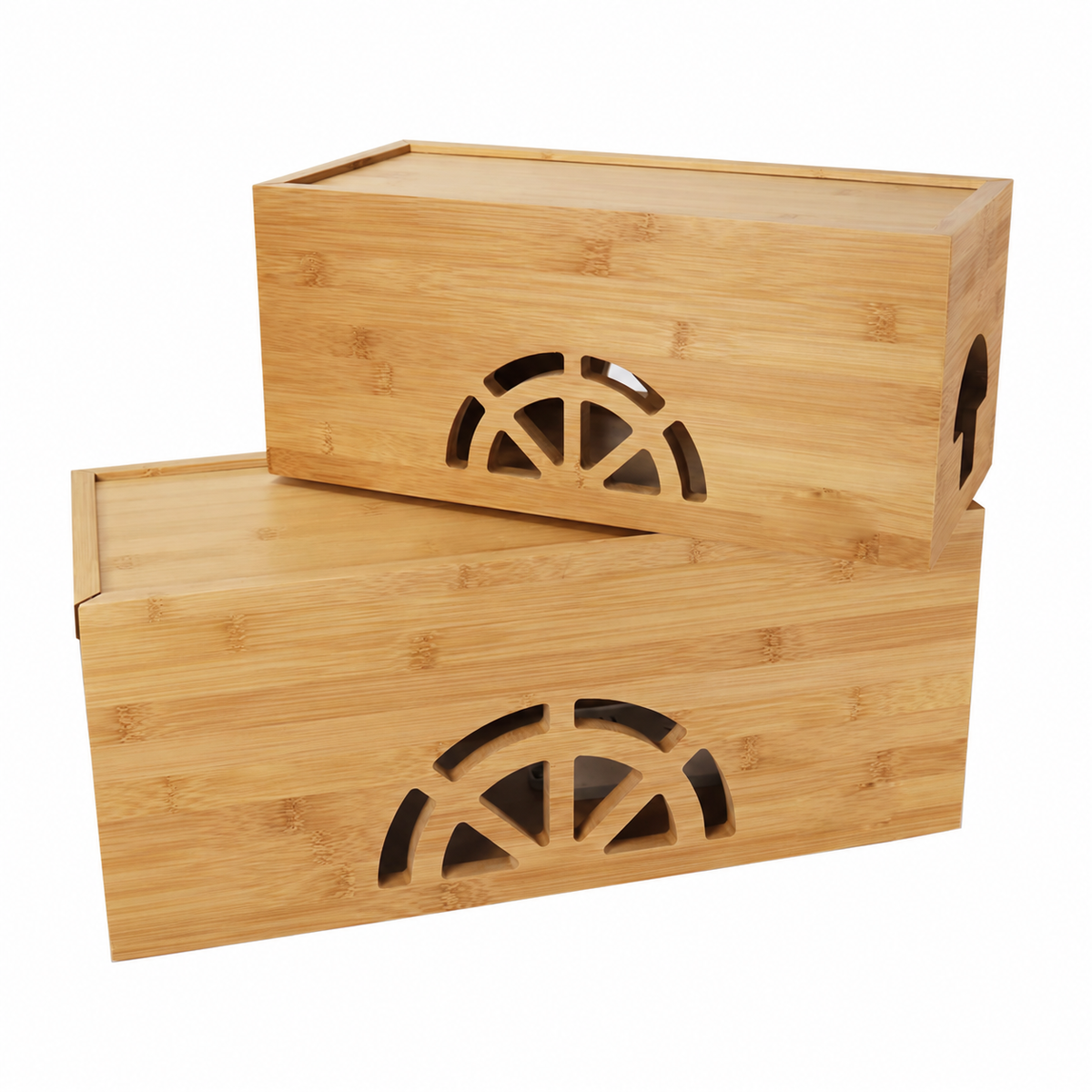 Cable Management Box Set of 2 Large & Small Bamboo Cord Organizer Box to Hide Wires & Power Strips Desk Computer Cable