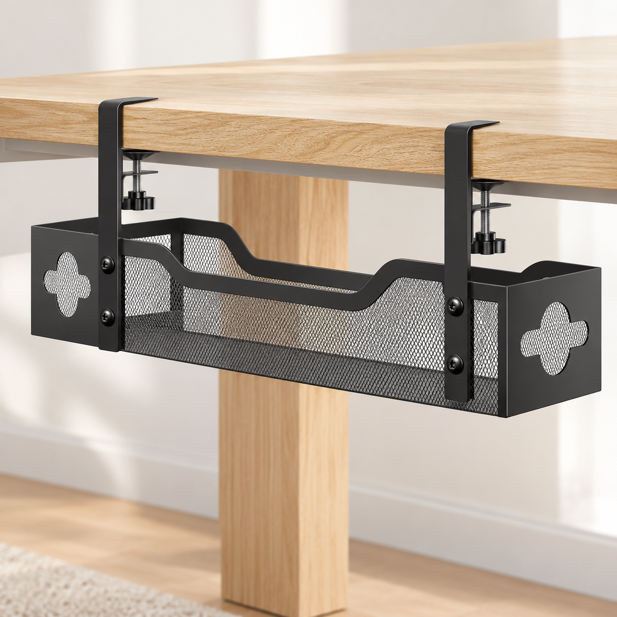 Office Under Desk Cable Management Tray Metal Mesh Cable Organizer with Clamp Mount Standing Cable Manager