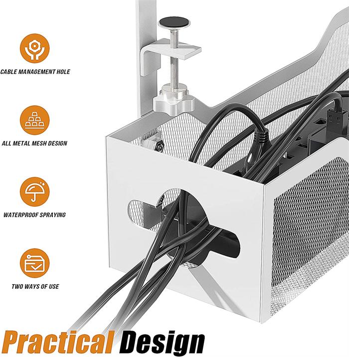 White Under Desk Cable Management Tray No Drill Cord Organizer with Clamp Metal Mesh Workspace Organizer Office Desk Accessories