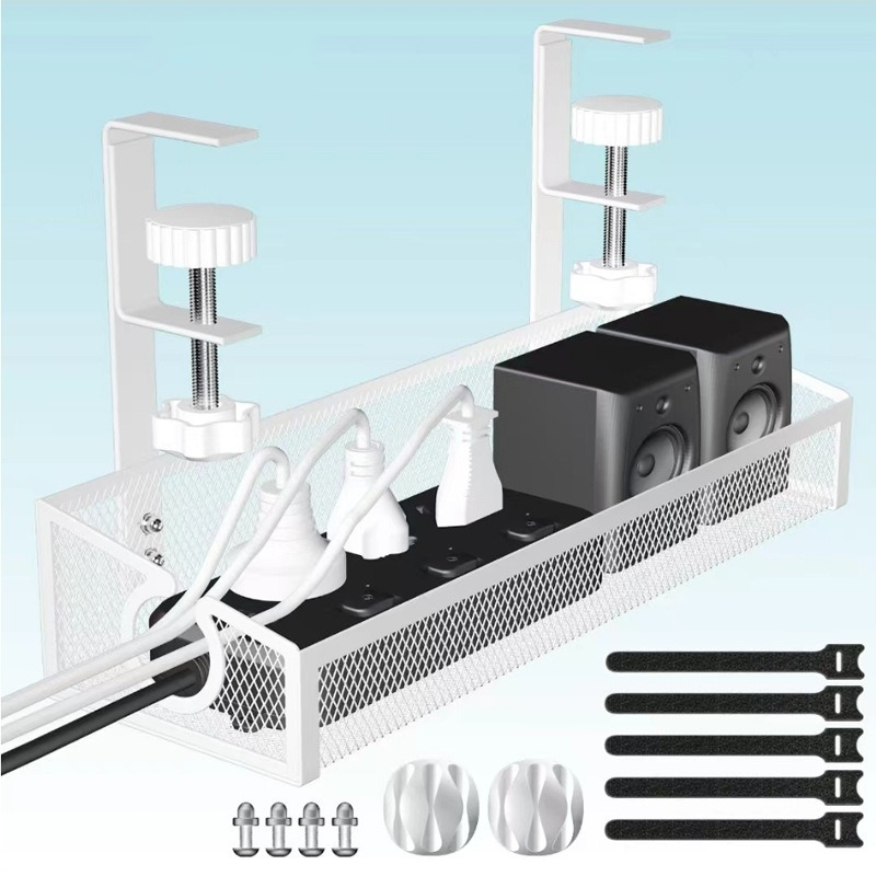 No Drill Under Desk Metal Cable Management Rack Iron Storage Basket Socket Organizer Desk Bottom Wire Holder