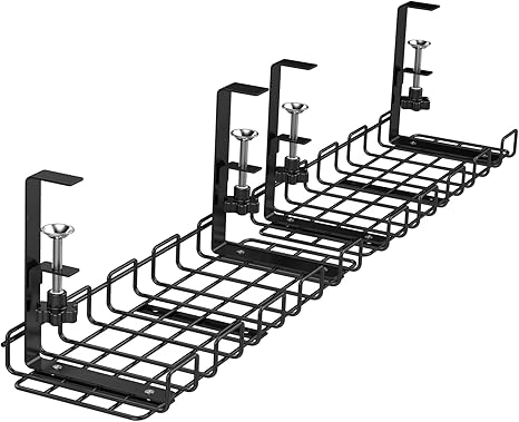 2Pack 15.7" No Drill Wire Basket Shelf Under Table Storage Rack Under Table Cable Tray with Clamp Cord Organizer
