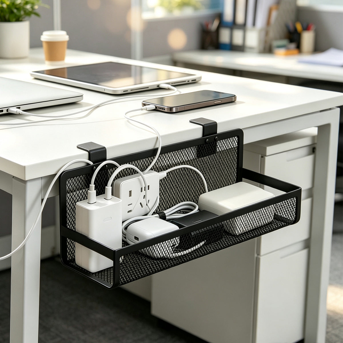 No Drill Under Desk Cable Management Organizer Clamp on Metal Mesh Wire Desk Cable Rack for Office Desk
