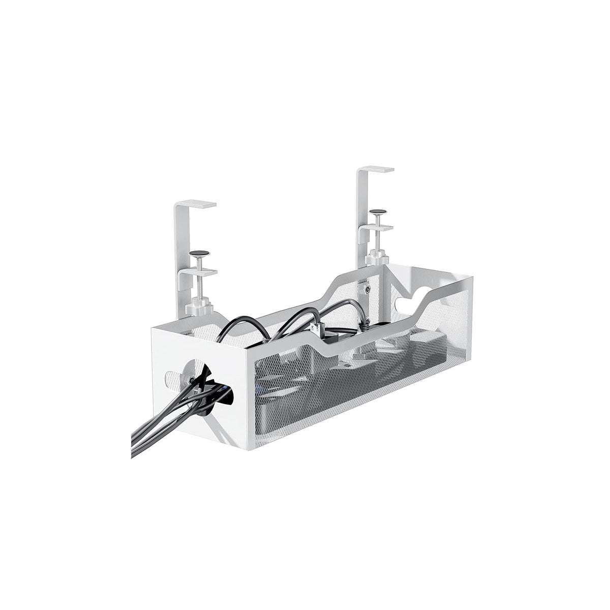 White Under Desk Cable Management Tray No Drill Cord Organizer with Clamp Metal Mesh Workspace Organizer Office Desk Accessories