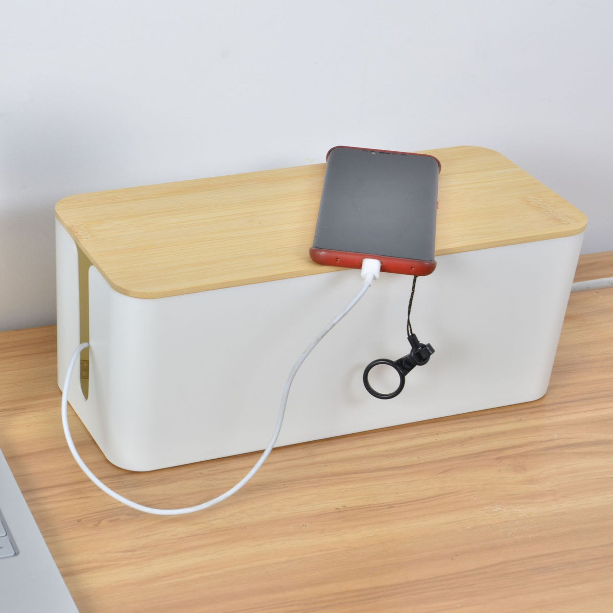 Cord Organizer Hides Power Cable Management Plastic Storage Box with Bamboo Cover