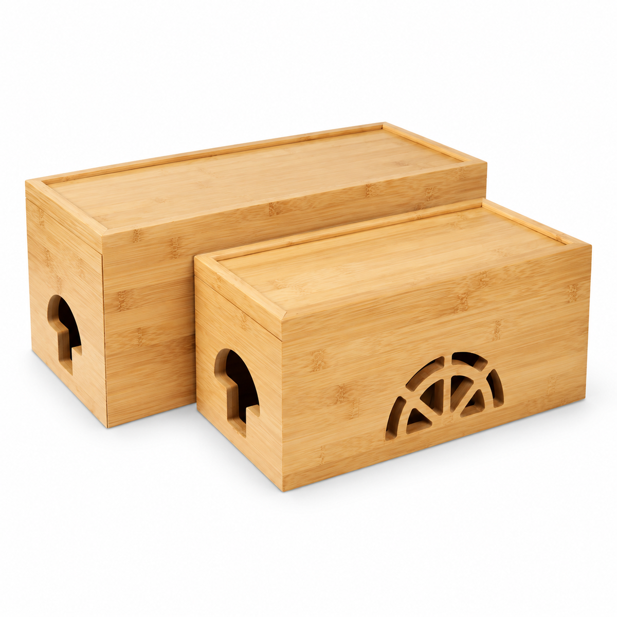 Cable Management Box Set of 2 Large & Small Bamboo Cord Organizer Box to Hide Wires & Power Strips Desk Computer Cable