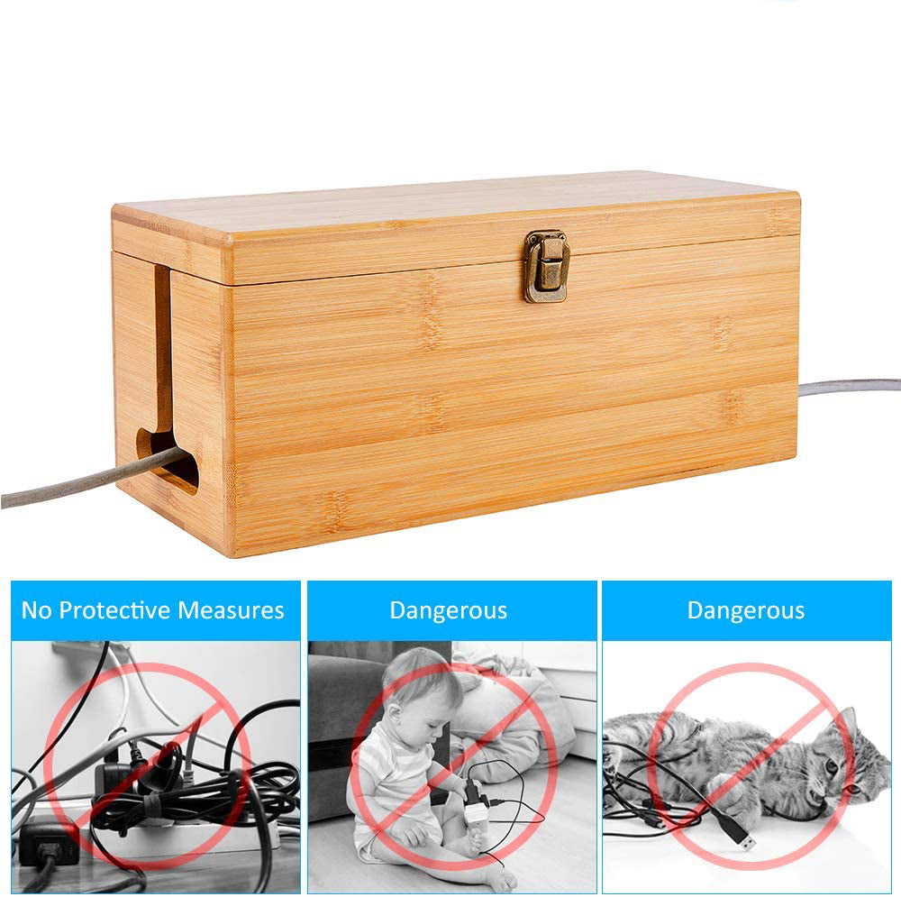 Bamboo Cable Management Box, Hider Cord Organizer Box Storage Holder for Desk